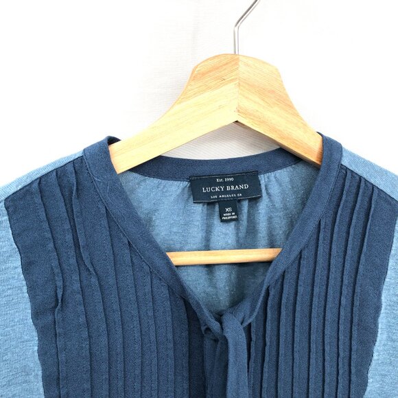 Lucky Brand tie neck shirt boho tuxedo light denim Blue prairie peasant top XS - Picture 2 of 9